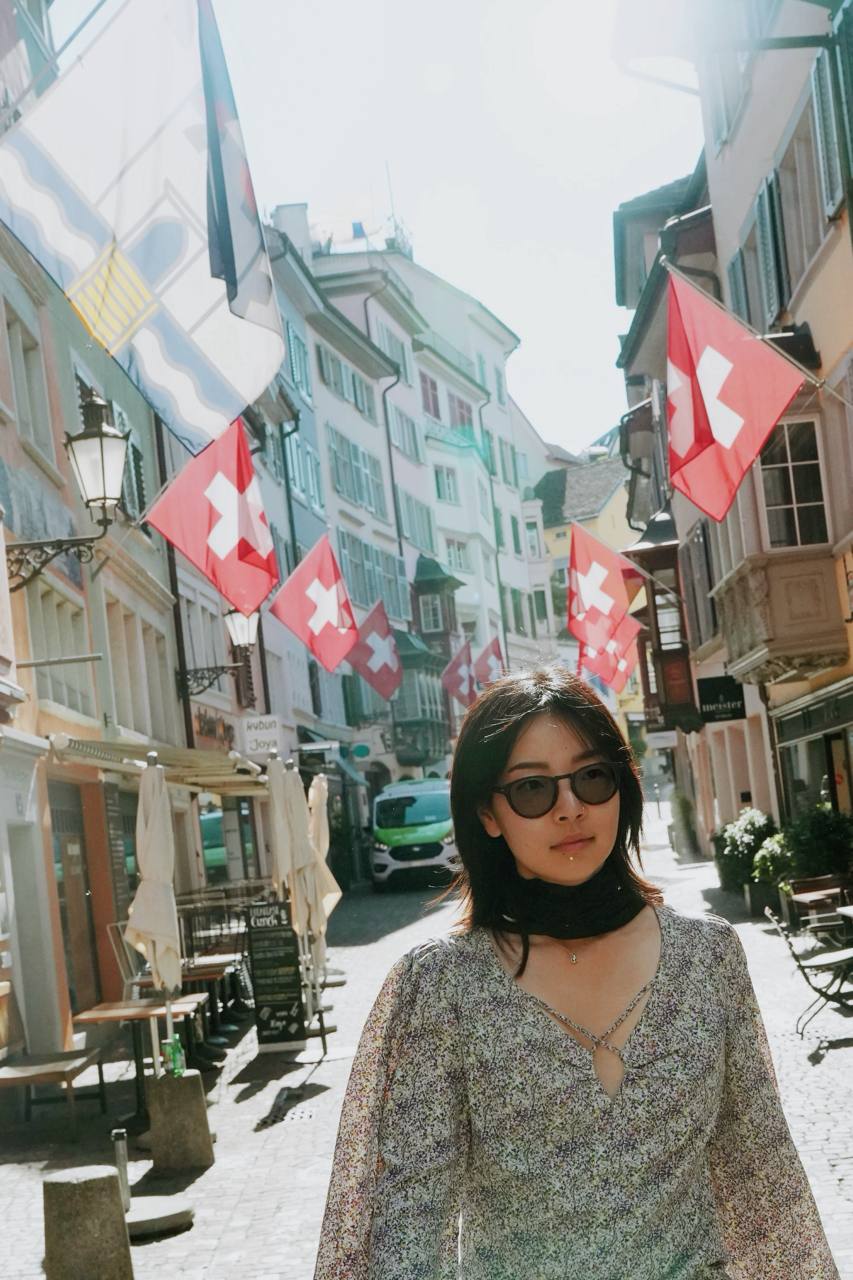 Old town, flags overhead.